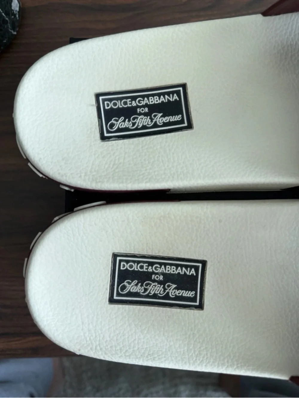 Dolce & Gabbana Cream and Burgundy D&G Logo Slide Sandals